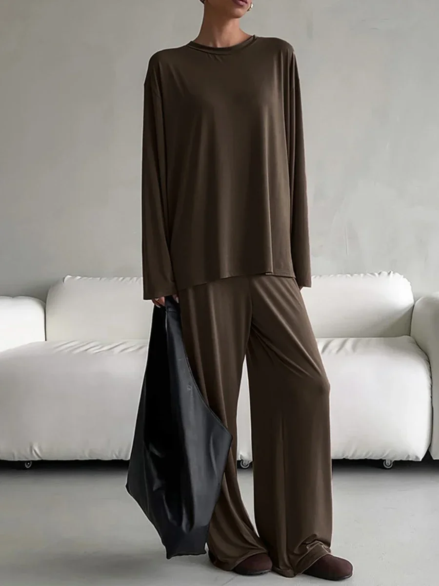 1 Set of Summer Autumn New Round Neck Long Sleeved Pants Pajama Set Women Solid Color Basic Top Casual Loose Home Clothing Suit