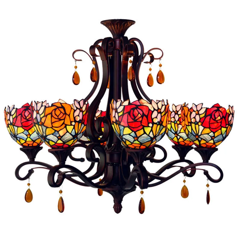 6 Heads Tiffany Chandelier Vintage Creative Roses Foyer Dining Table Bar Restaurant Wedding Suspension Pendant Light D31003