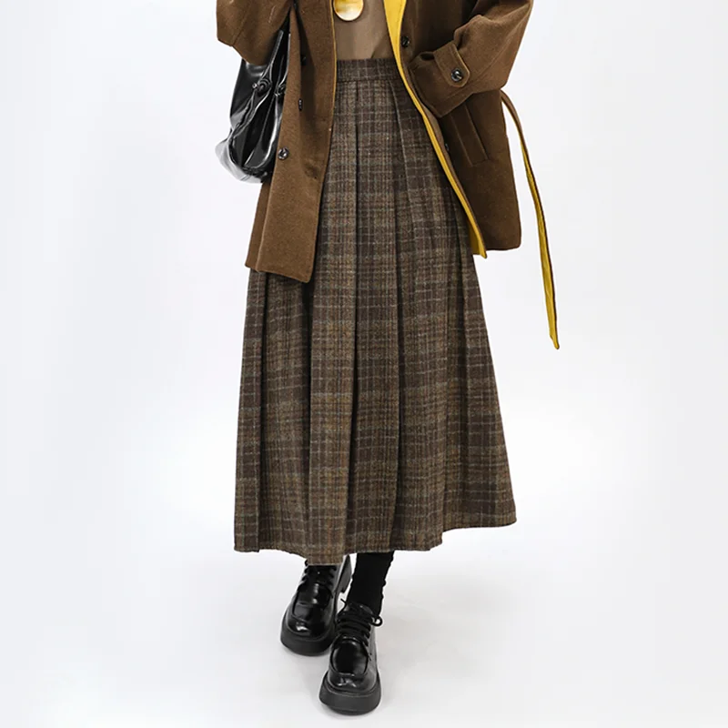 ウールチェック柄のスリムハイウエストAラインスカート、女性用秋冬、高品質、通勤、プリーツミディスカート