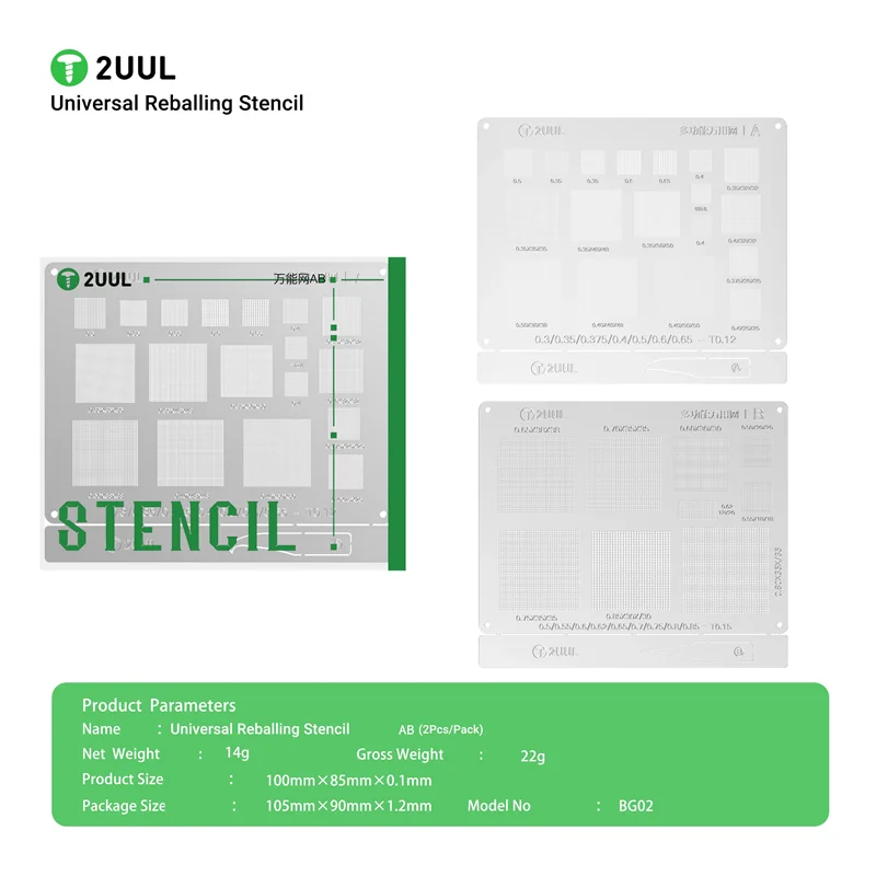 2UUL BG02 2Pcs/Pack AB Universal Reballing Stencil CPU Nand Flash Baseband WIFI Screen Face ID IC Chips Steel Mesh