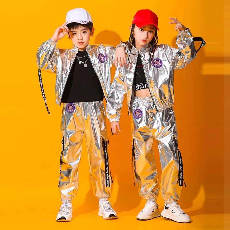 Hip Hop Boys Silver Jacket Girls Jazz Jogger Pants Street Dance Mini Skirt Clothes Sets Kids Sequin Costumes Child Streetwear