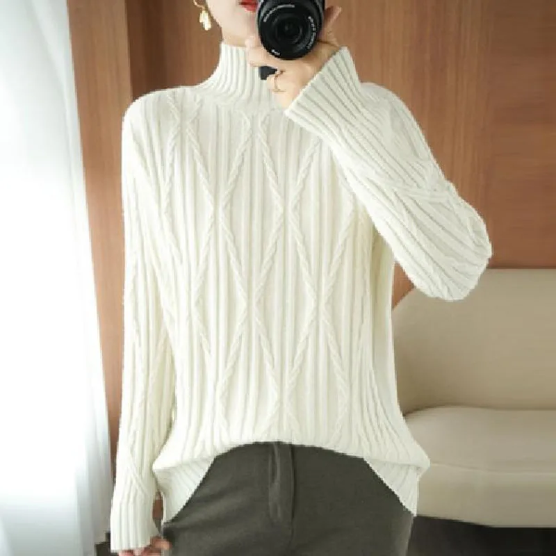 New Autumn/Winter Fashion Trend Thickened Half High Collar Twisted Flower Loose Versatile Western Style Slim Women\'s Sweater