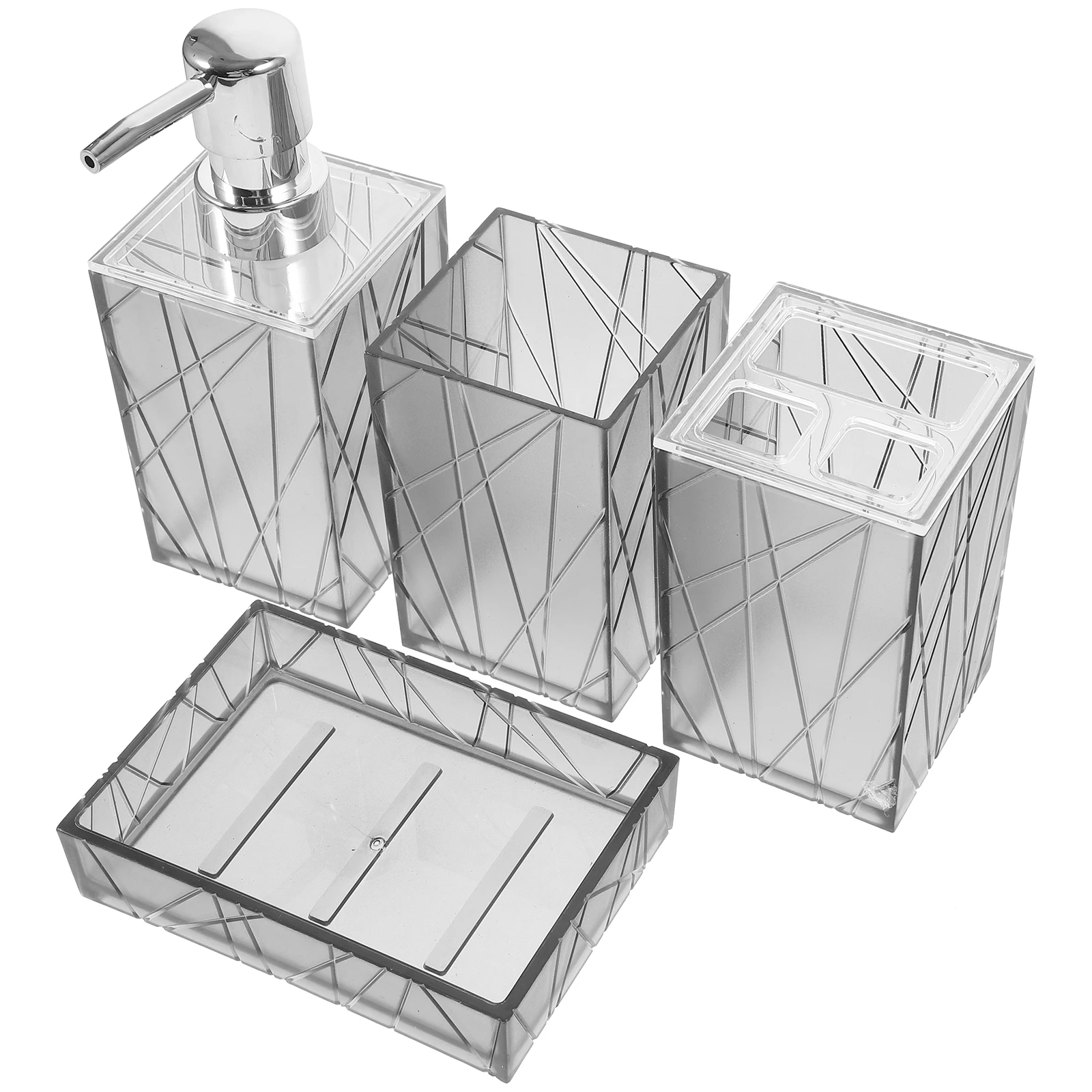

1 set Bathroom Accessory Set -4 Transparent Grey Dispenser Toothbrush Holder Cup Soap Tray Lotion Dispenser Hand Soap