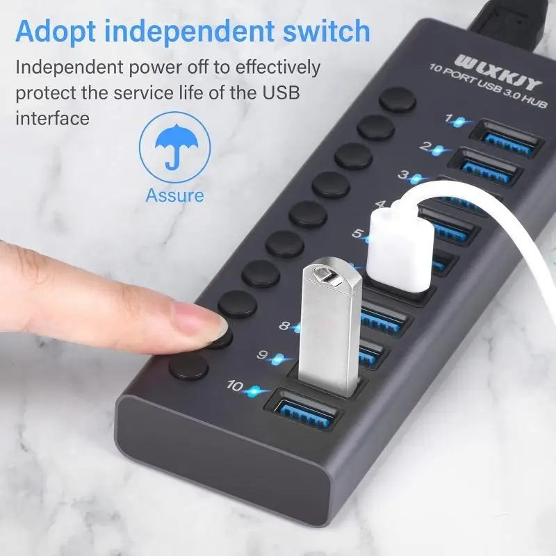 R53C Powered USB Hub, 10 Port USB Data Hub Splitter with Individual ON/Off Switch