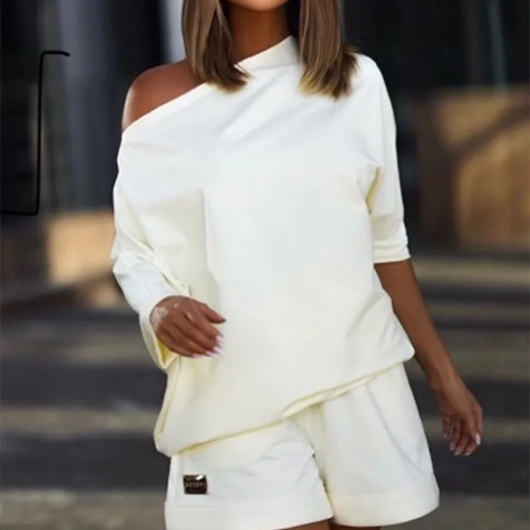 2026 Women's Two Piece Set One Shoulder Asymmetrical Top Shorts Casual Loose Fit Solid Color Soft Breathable Lightweight Outfit
