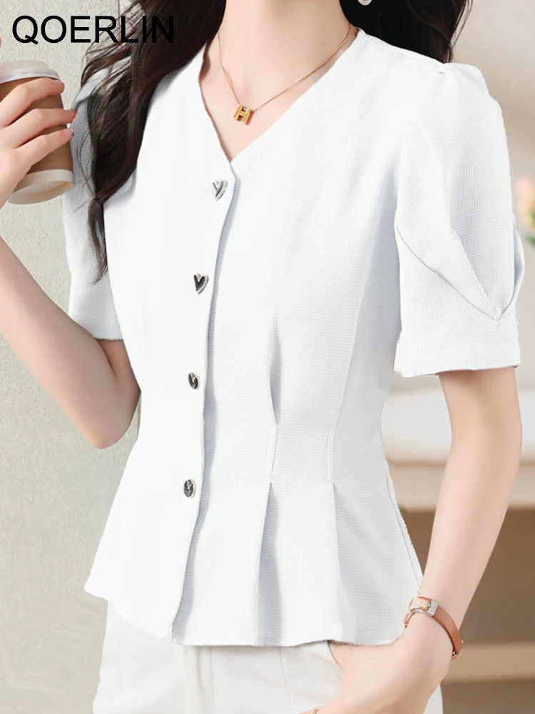 QOERLIN Single-Breasted V Neck Short Sleeve White Shirts Women Elegant Office Ladies Slim Waist Workwear Chiffon Blouse S-XXL