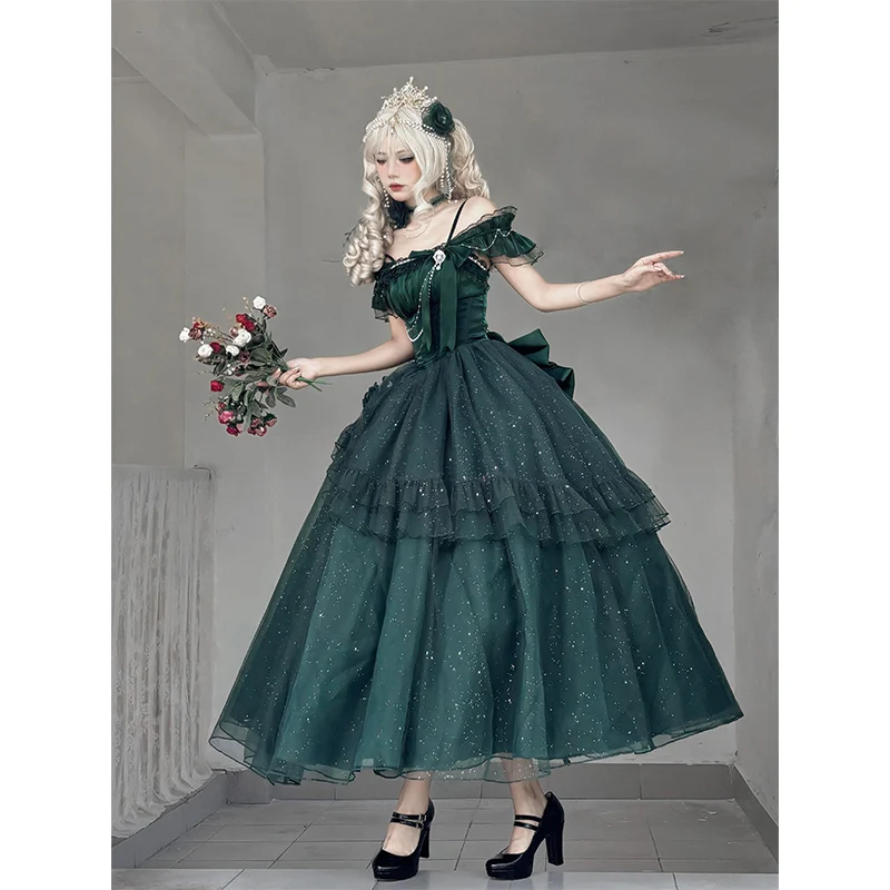 Zielony kwiat długa suknia ślubna damska letnia dopasowana elegancka suknia wieczorowa Retro Lolita śliczna kokarda kończąca się sukienki urodzinowe