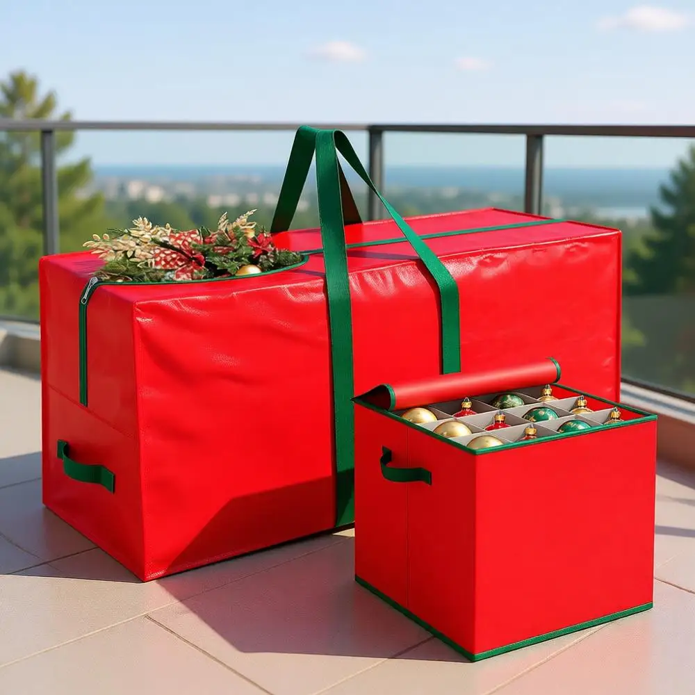 

Tree Bag & Ornament Storage Box Set, Water-Resistant 7.5 ft Tree Storage & 64-Comparent Organizer with Dividers, Tag kets & Hand