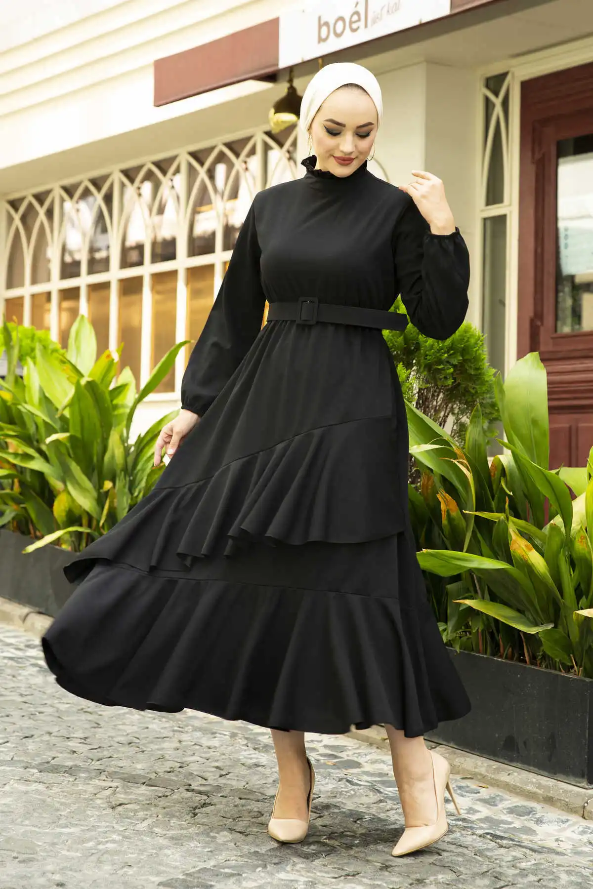 Frilly Hijab Evening Dress Black Winter Autumn 2021 Muslim Women Hijab headscarf Islamic Turkey