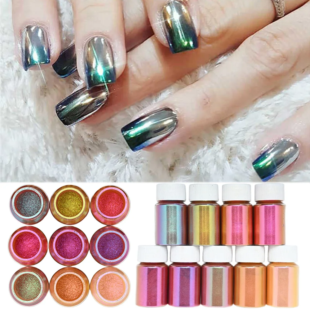 Polvo de Mica cromado camaleón perlado, perla brillante colorida, polvo fino para manicura y arte de uñas DIY, 10g por botella