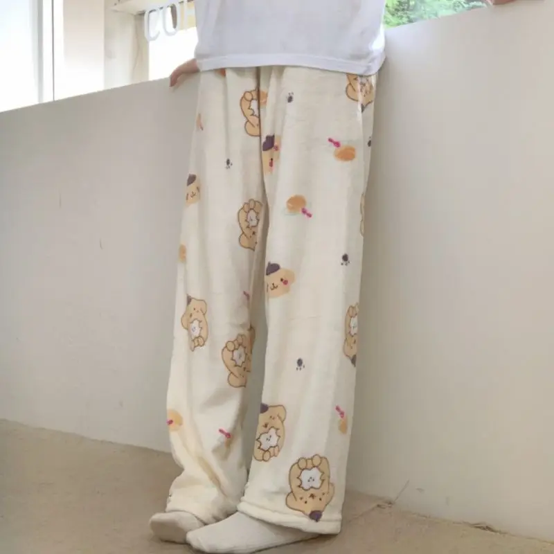 Plus Size 4XL Cartoon Dog Fluffy Pajama Pants Women Winter PJ Pants Warm Pyjamas Kawaii Beige Flannel Sleepwear Home Trousers