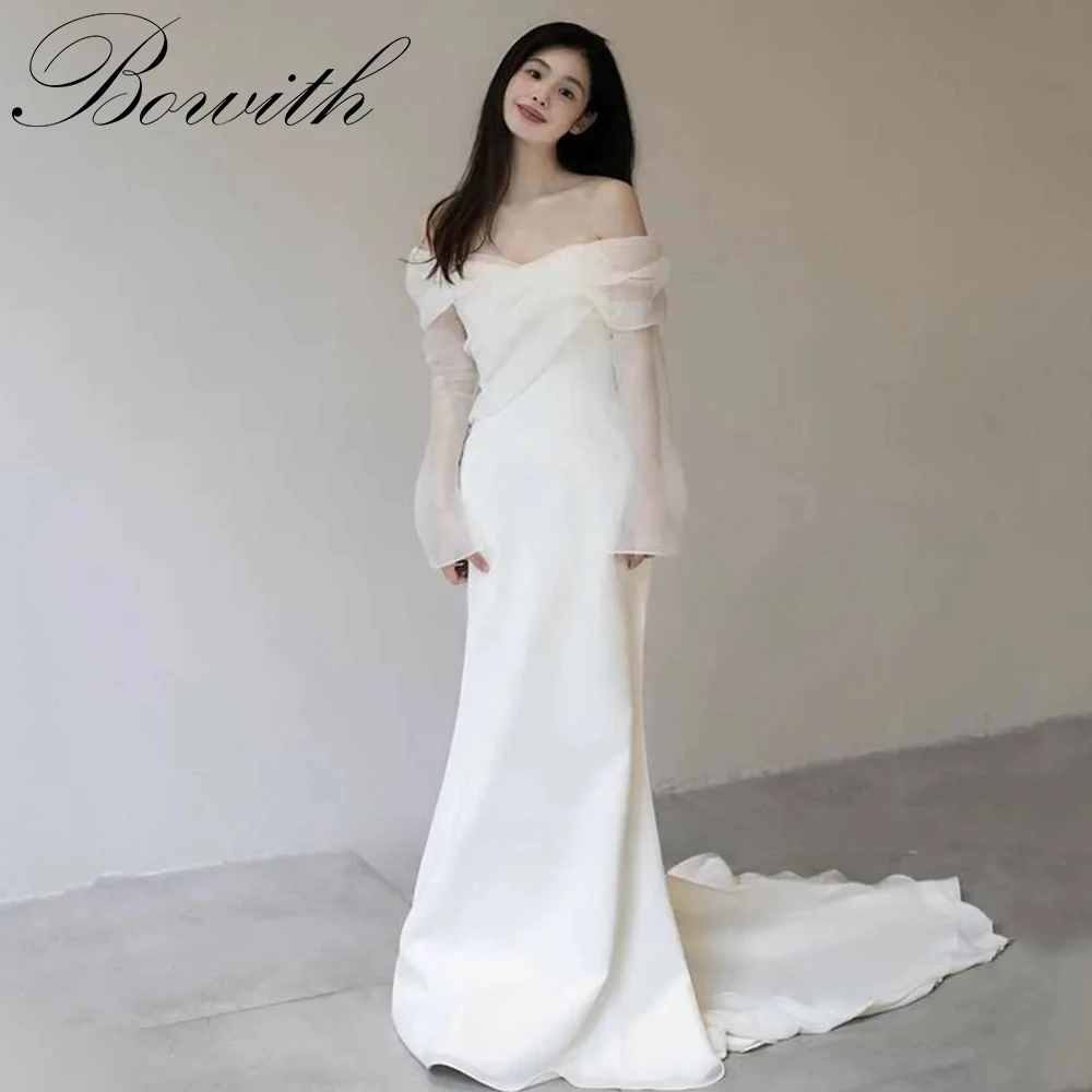 Bowith Off Shoulder Korea Mermaid Wedding Dresses Long Flare Sleeve Bridal Gown Photos Shoot Backless Pleat Customized Bride Dre