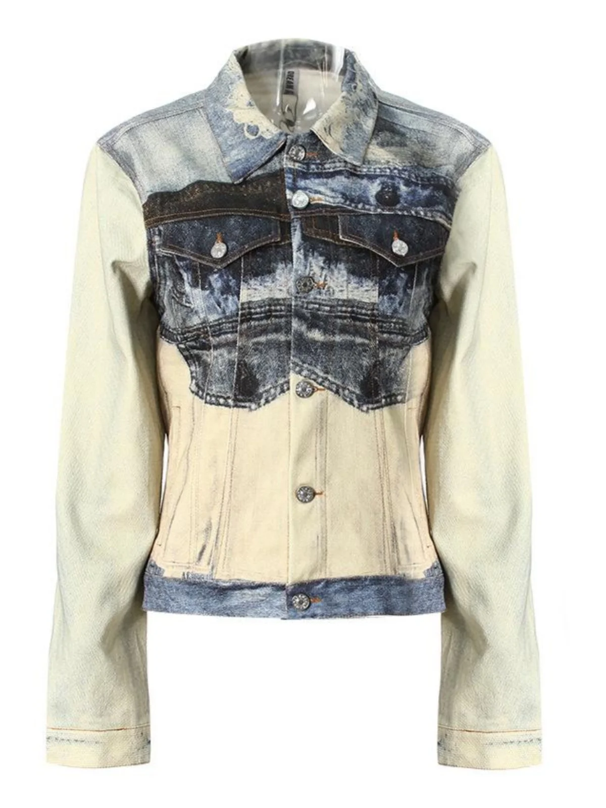 

Американская стильная джинсовая куртка с визуальным эффектом искажения, принтом, декоративными отверстиями на спине, маленьким воротником, женская, в уличном стиле, приталенная