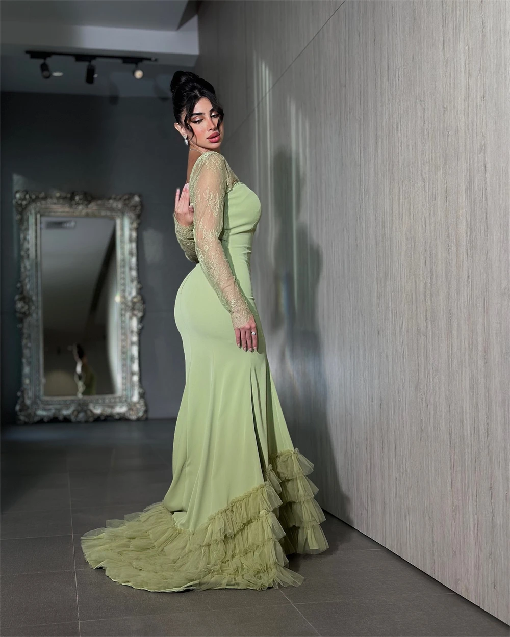 Robe de soirée de forme sirène, personnalisée, élégante, manches longues, Jersey vert, avec traîne Court, fermeture éclair au dos, robe de célébrité