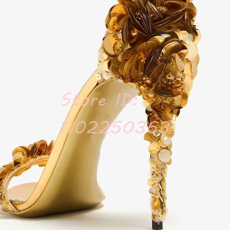 Solid Bling Flowers Stiletto Sandals Round Toe Sequined Thin High Cover Heel Sandals Women Back Buckle Strap Fashion Shoes 2024