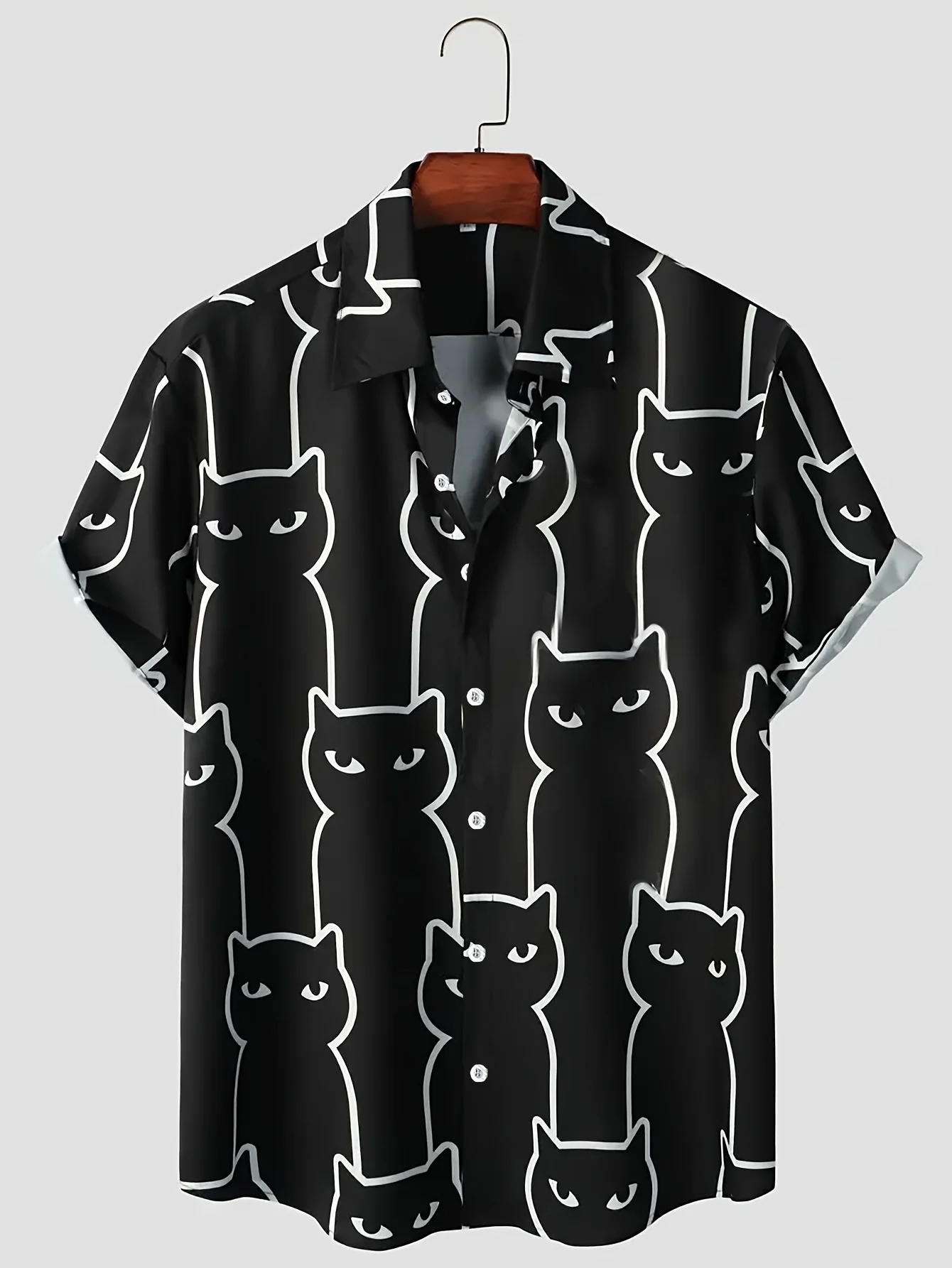 

Cat pattern men's fashionable simple short-sleeved casual lapel shirt, fashionable and versatile, suitable for beach vacation