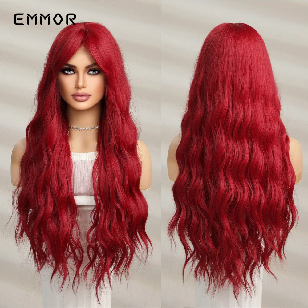 Emmor Red Wigs with Bangs Synthetic Long Wavy Wigs Daily Use Cosplay Natural Hair Wig for Women High Temperature Resistance