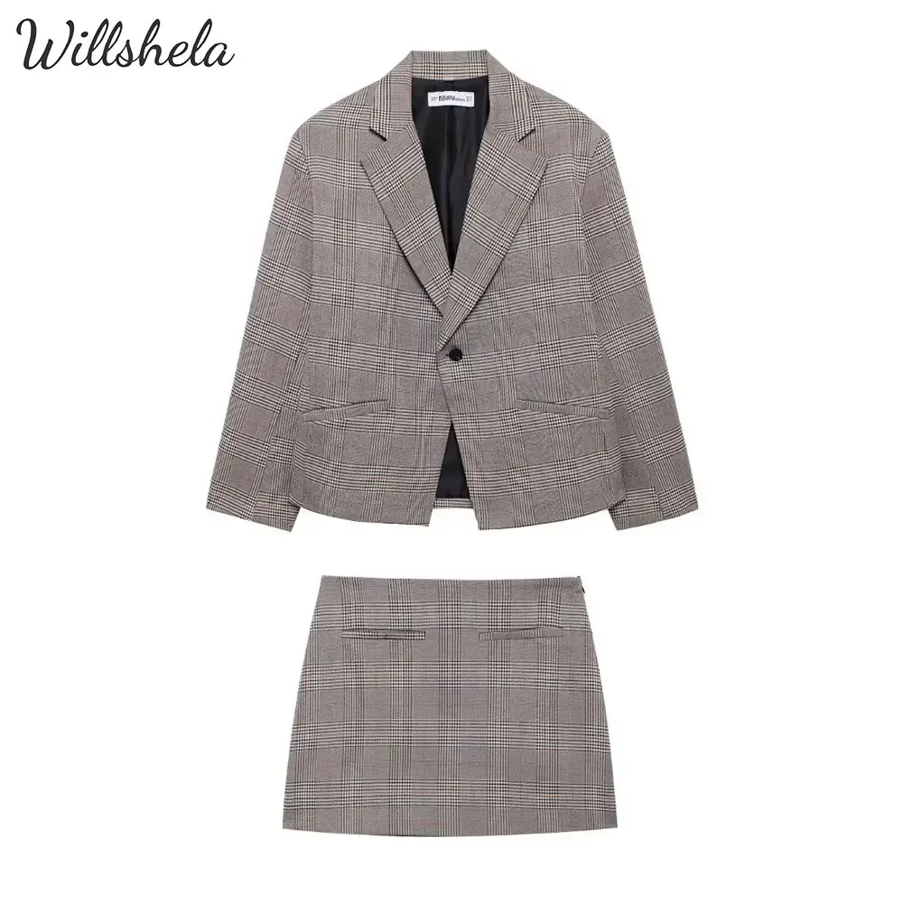 

Willshela Women Fashion 2 Pieces Sets Business Plaid Blazer and Mini A-Line Skirt Female Chic Office Lady Basic Skirt Suits