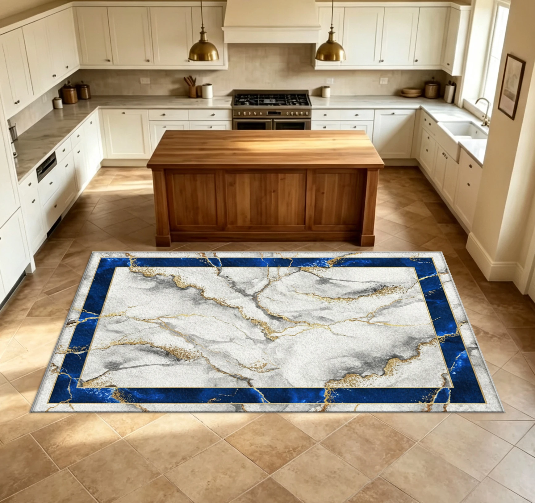 Luxury Marble Gold Vein Carpet Flooring Blue Border Modern Elegant Home Interior Ornament Carpet For Living Space