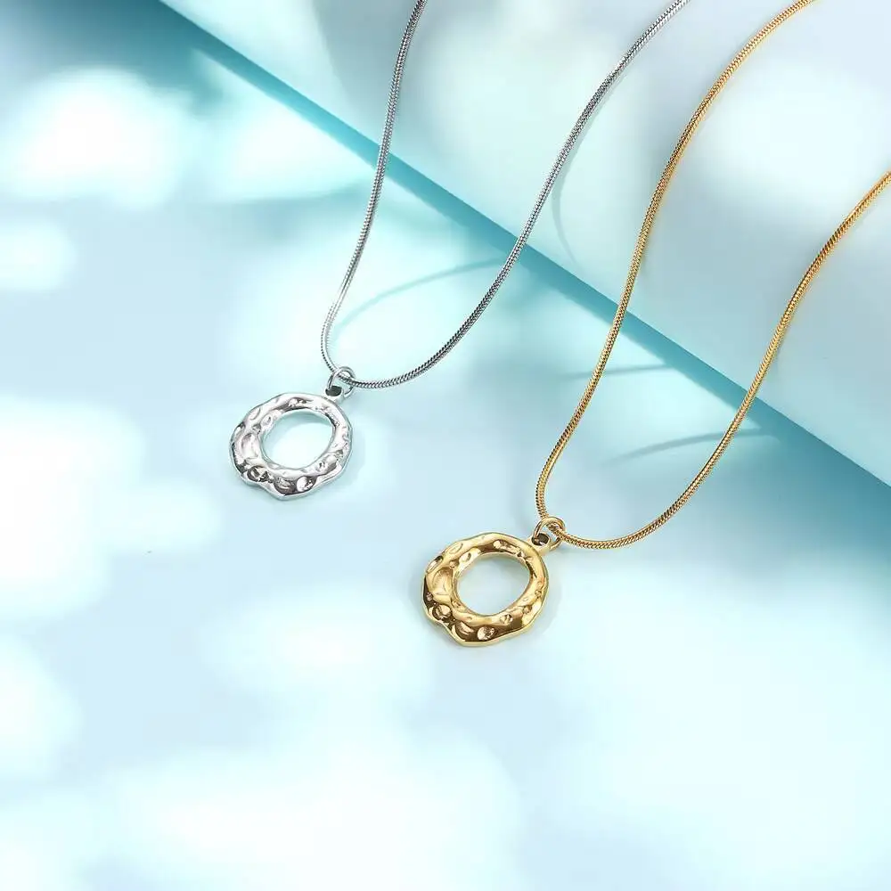 Stainless Steel Unique Design Wrinkled Hollow Circle Pendant Unisex Snake Chain Necklace Jewelry Gift