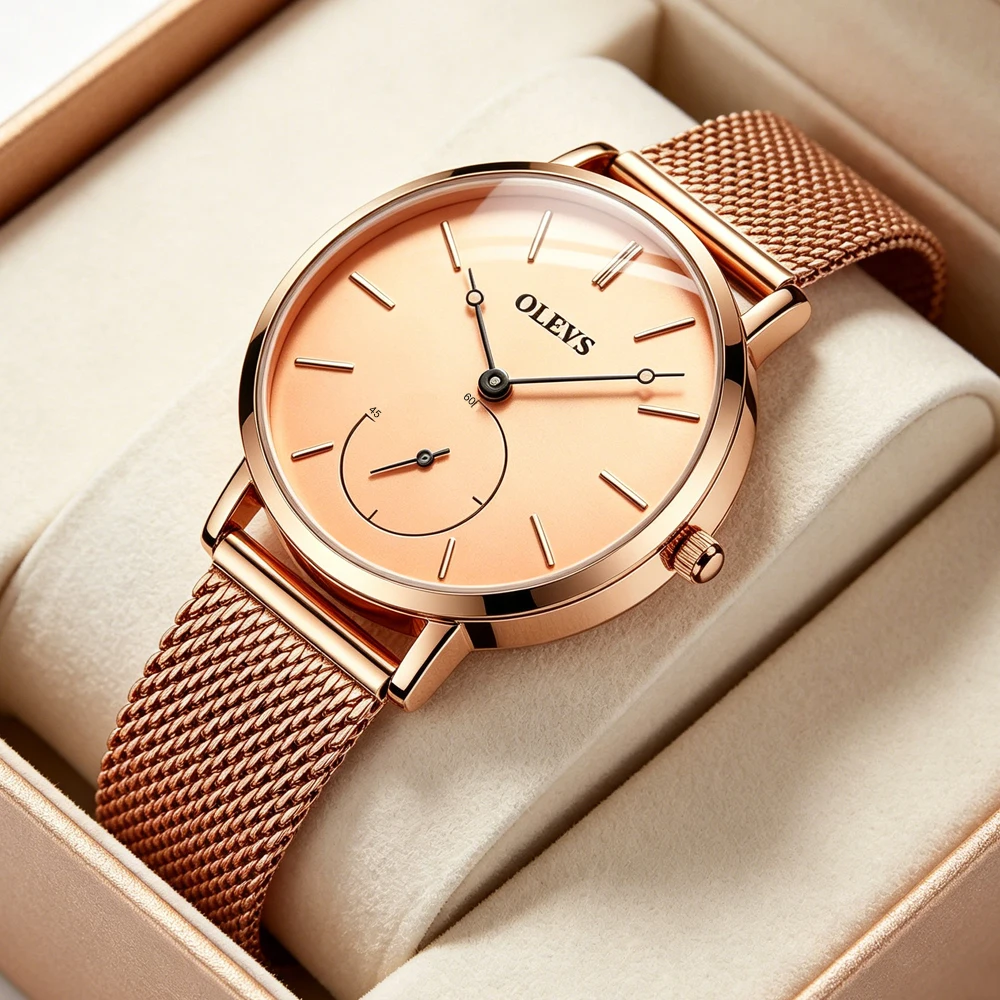 OLEVS Women Rose Gold Watch Ultra Thin Small Second Subdial Minimalist Mesh Wristwatch Elegant Ladies Dress Watch Waterproof