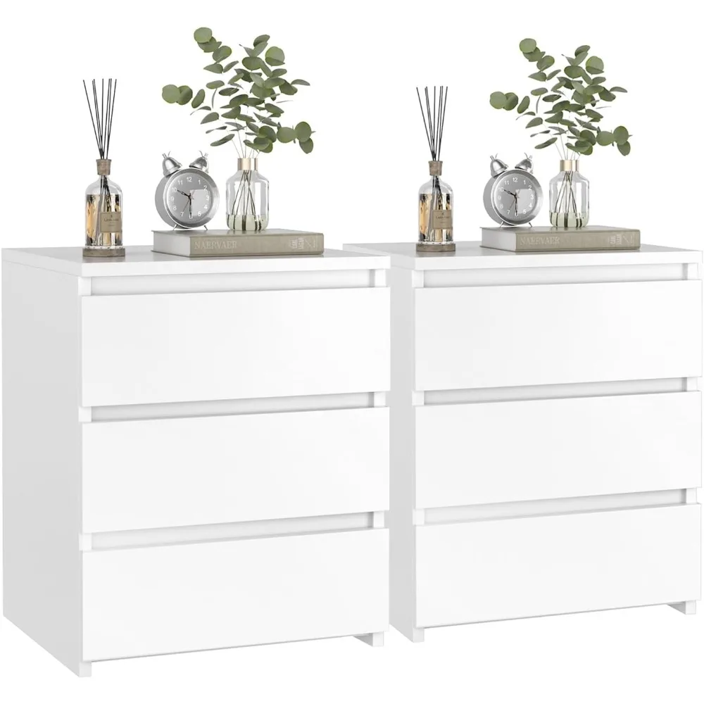 Nightstands Set of 2 White Nightstand with 3 Drawers, White Bedside Table Night Stand for Bedroom with Cut-Out Handle