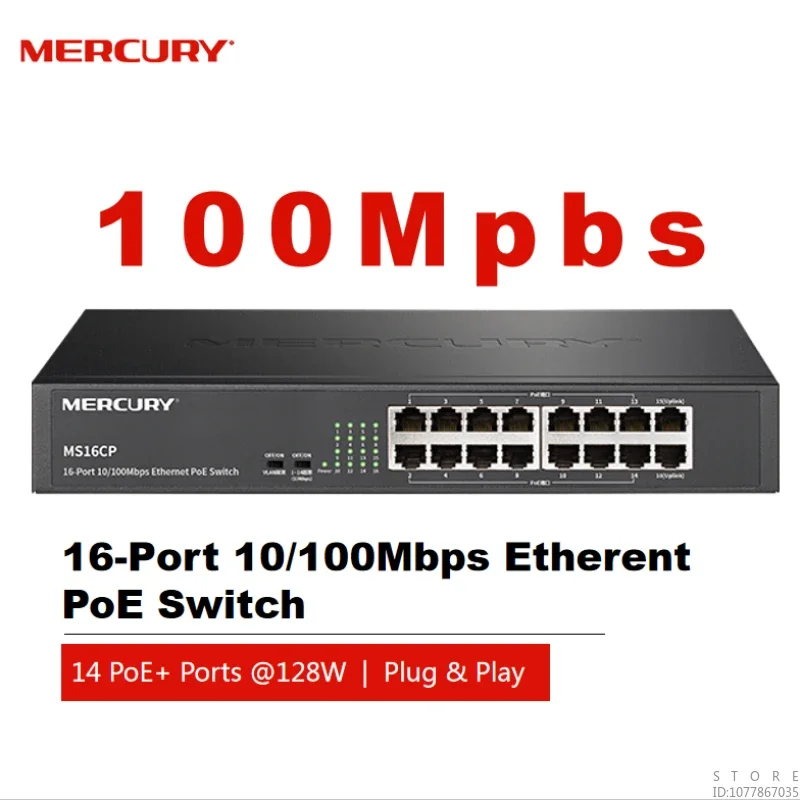 Switch PoE Fast Ethernet MERCURY a 16 porte 10/100Mbps 14 porte PoE + @ 128W, Plug and Play non gestito, robusto metallo MS16CP