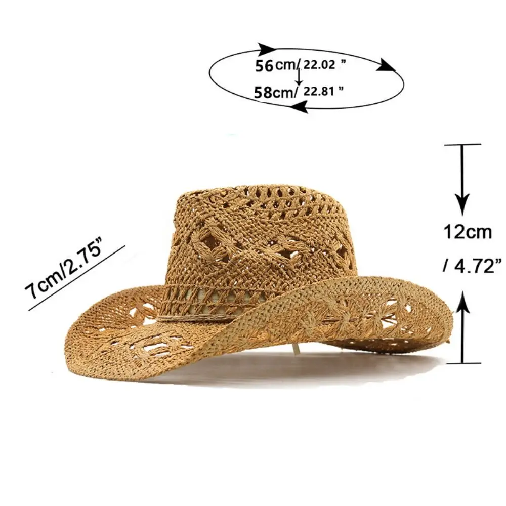 Vintage Wide Brim Hollow Straw Hat Curled Woven Western Cowboy Cap Handmade Sunscreen Sun Hat Women Men view 5