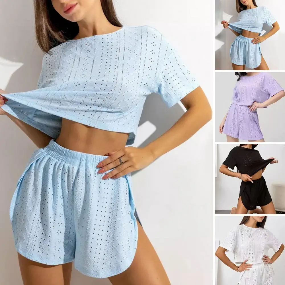 Summer Eyelet 2 Piece Pajamas Set For Women Short Sleeve Crew Neck Top And Shorts Summer Casual Sleepwear Set Loungewear
