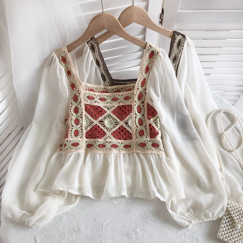 OUMEA Women Long Chiffon Volume Sleeve Tops With Crochet Chiffon Peplum Frill Blouse Patchwork Crochet Insert Beach Sweet Tops