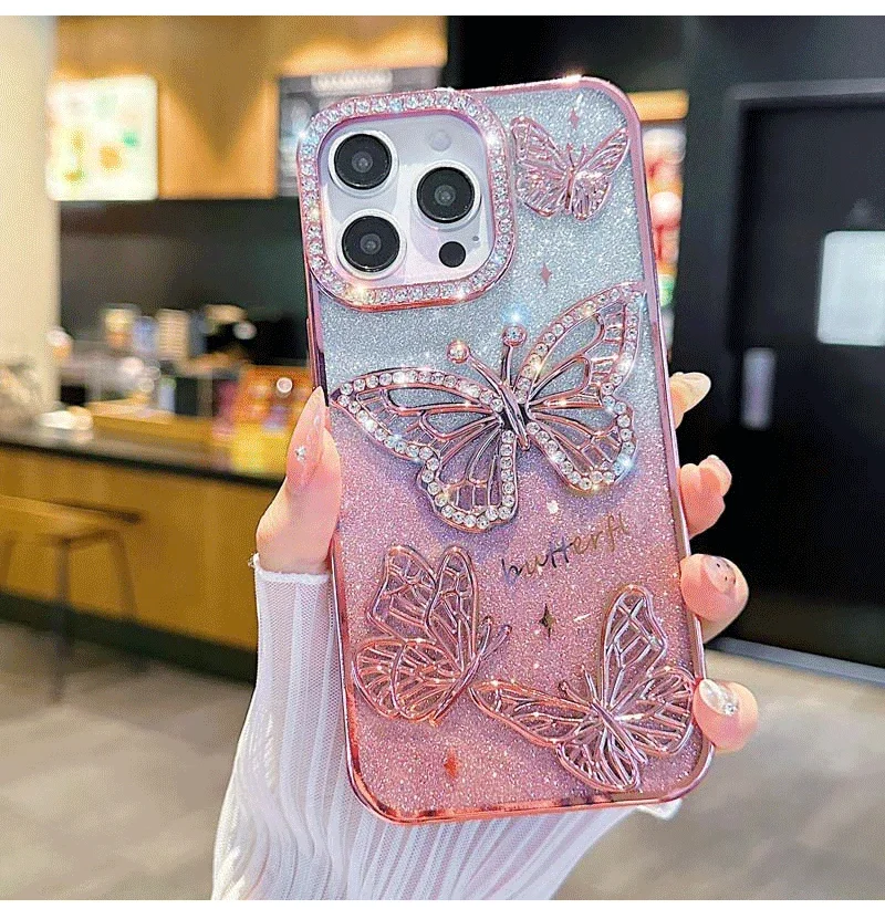 Women Girl's Diamond Butterfly Phone Case for iPhone 16 15 14 13 12 Pro MaxTransparent Plating Soft Silicone Cover