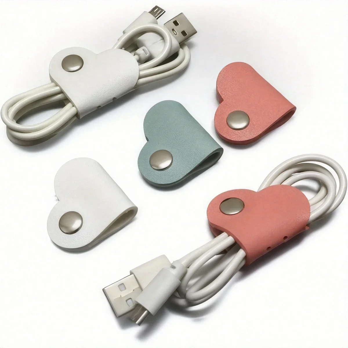New10 Pieces of Heart-shaped Imitation Leather Cable Strap, Multi-color Earphones and Earphone Cable Storage Box