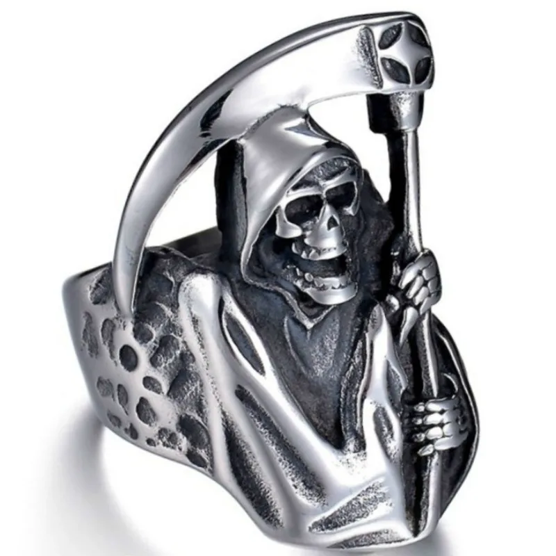 Personalized Gothic Retro Men's Ring Avant-garde Trend Death Sickle Domineering Skull Head Hip-hop Rock Punk Jewelry Men's Ring