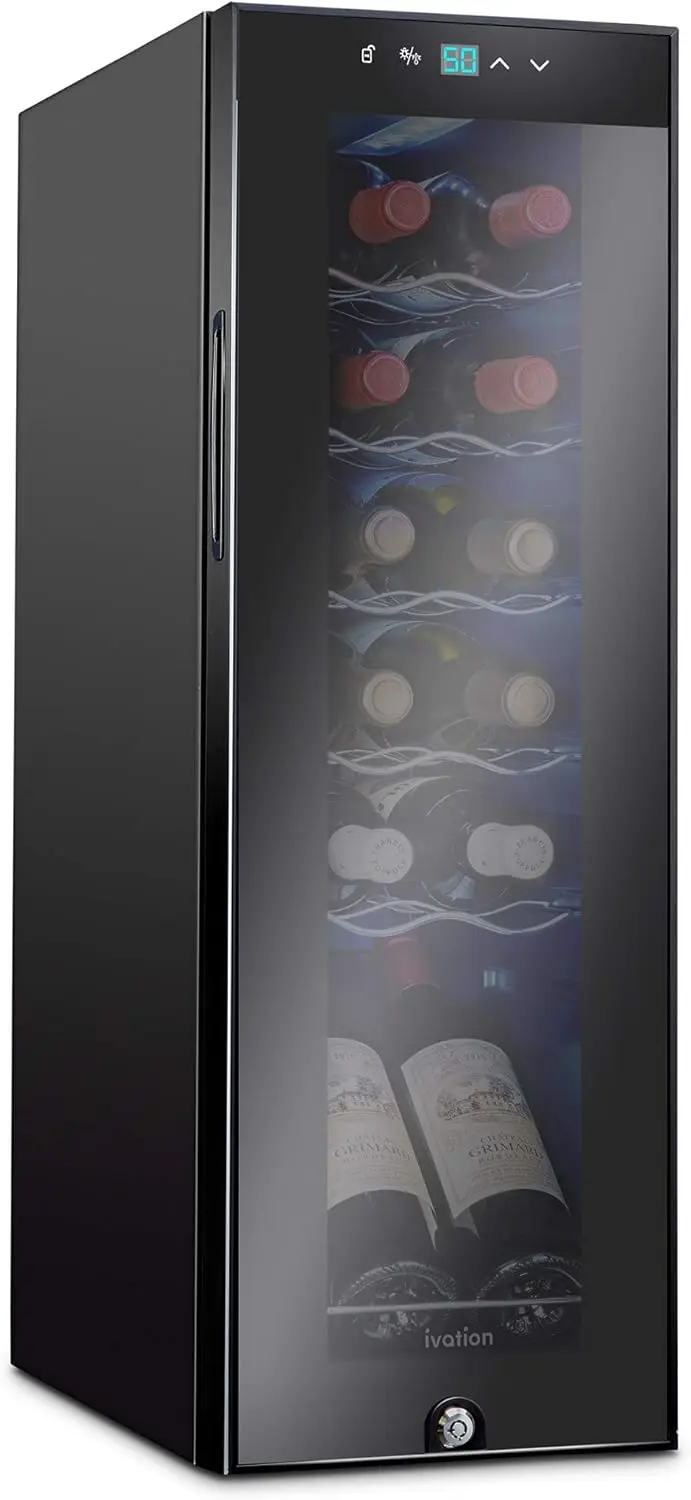 

12 Bottle Wine Cooler with Digital Temperature Control, Lockable Glass Door, and Adjustable Shelves for Optimal Storage