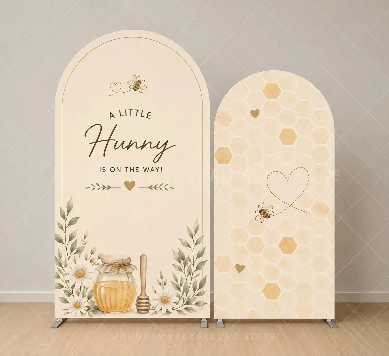A Little Hunny Daisy Double Arch Backdrop Cover Honey Bee Honeycomb Daisy Floral Baby Shower Neutral Gender Reveal background