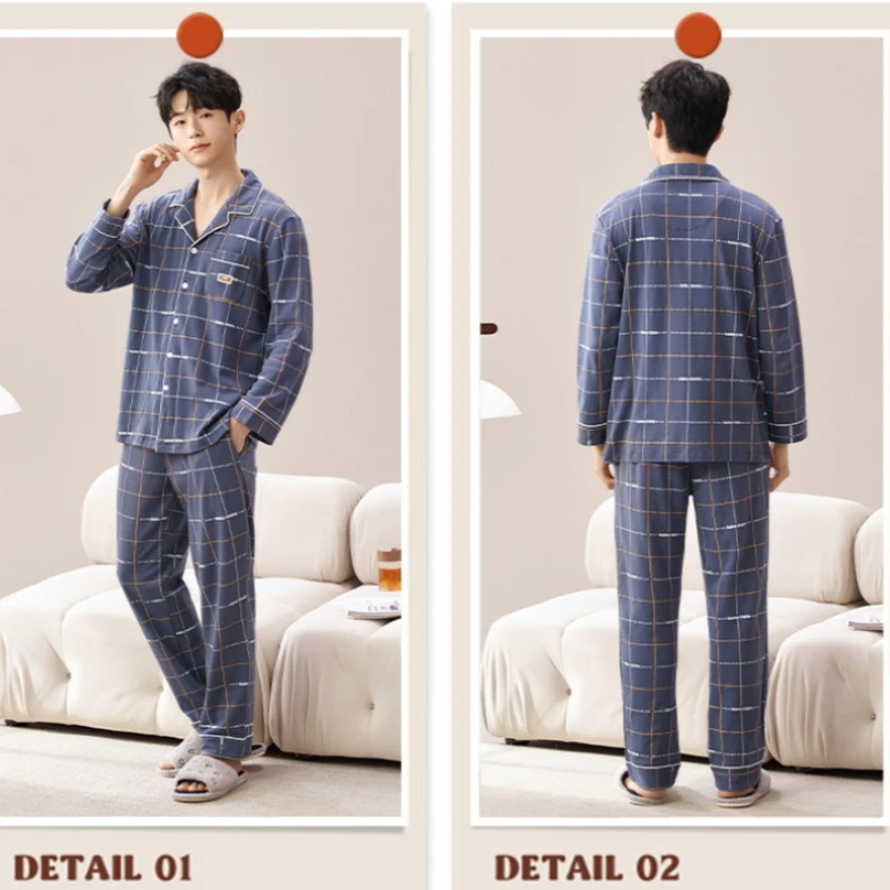 Large Size Pure Cotton Pajama Men Spring Casual Button Down Pocket Long Sleeve Shirt with Pant Plaid Sleepwear Loose Loungewear