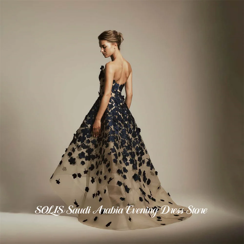 SOLIS Champagne and Navy Blue Evening Gown Strapless Prom Dress with 3D Floral Wedding Evening Dress robes de soirée Customized image 2