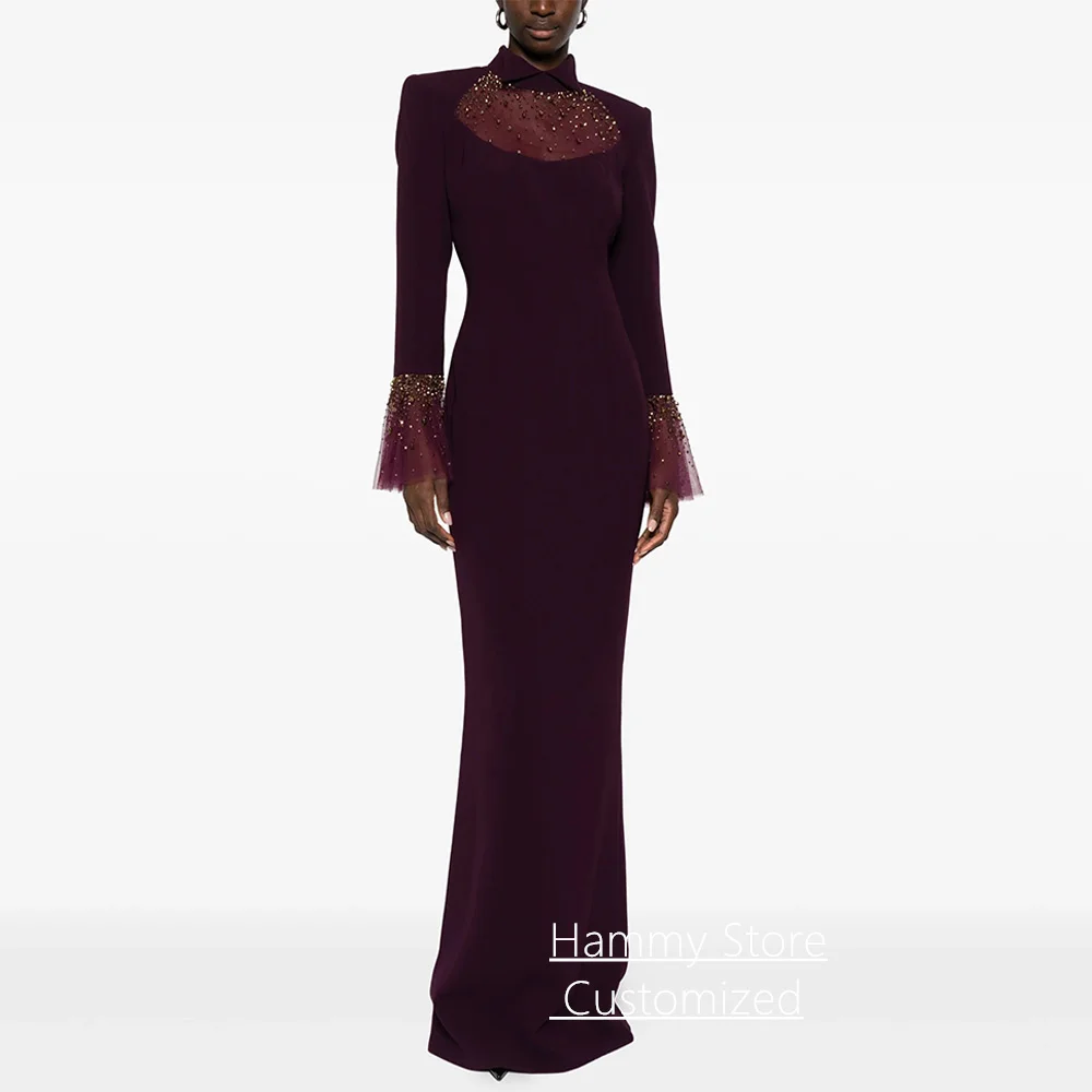 Modisches Meerjungfrau-Abendkleid, maßgeschneidert, Stehkragen, lange Ärmel, Perlenstickerei, Stein, Rückenschlitz, arabisches Abendkleid, Partykleider