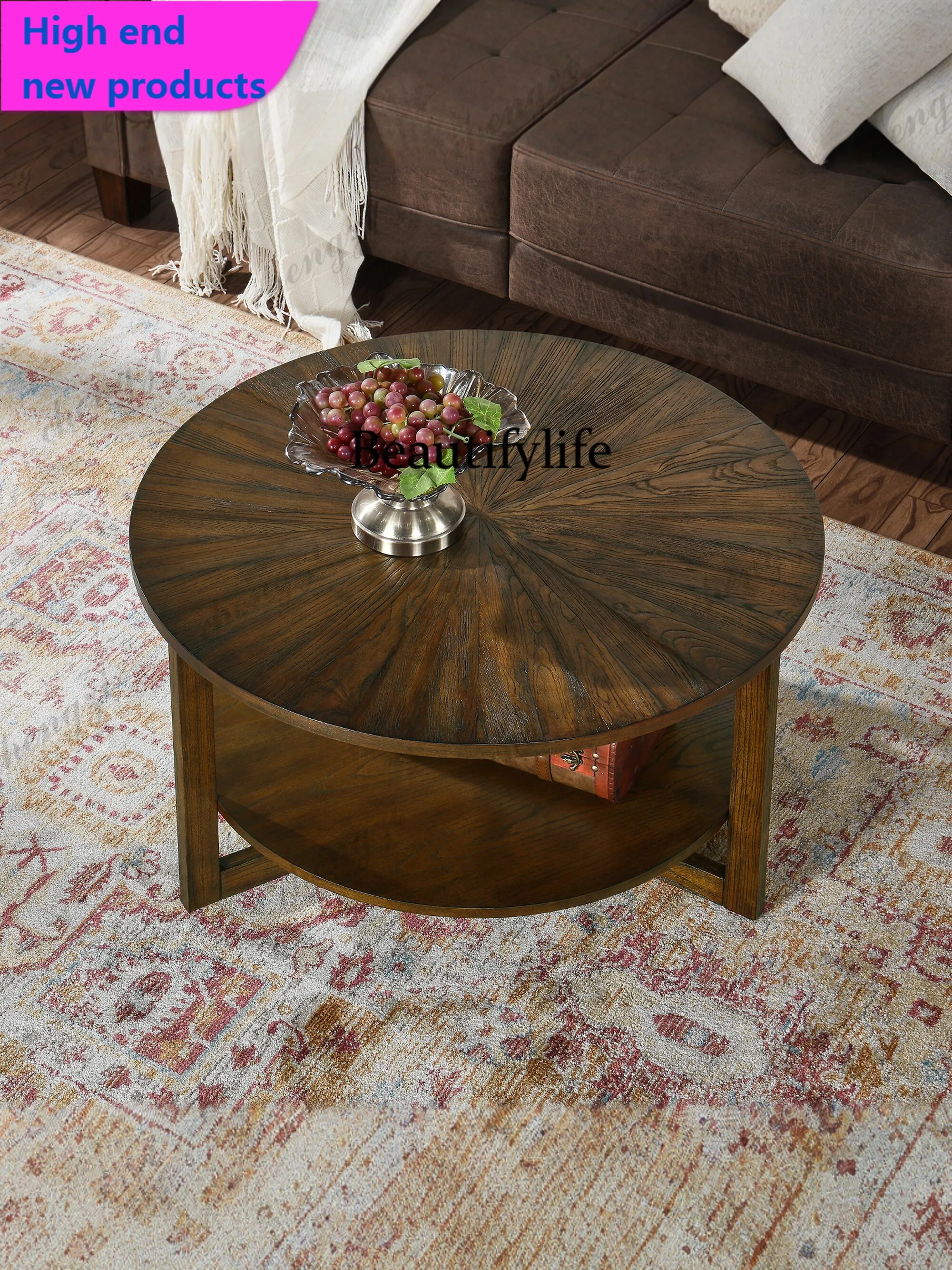 Living room round coffee table small apartment light luxury bedroom small coffee table sofa edge few solid wood tea table modern