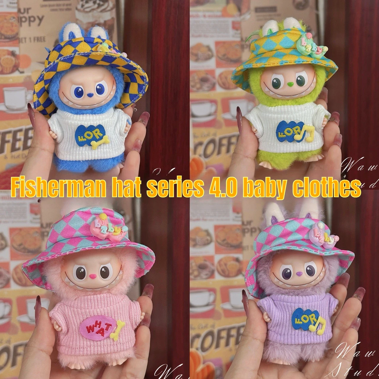 

For 10cm Fashion Labubu Doll Mini Knitted Sweater Checkered Hat Cute Labubu Clothes Dolls V4 Diy Clothing Plush Toys Accessories