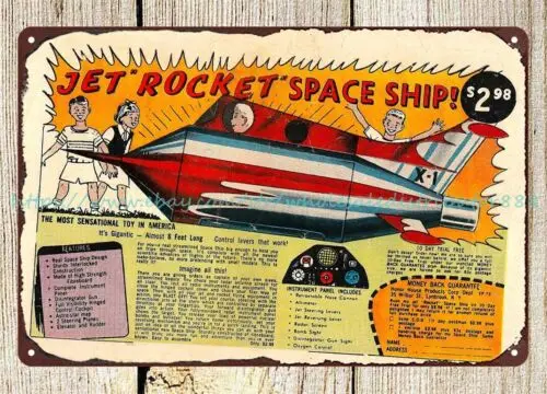 room den  wall art Jet Rocket Space Ship Ad 1958 metal tin sign