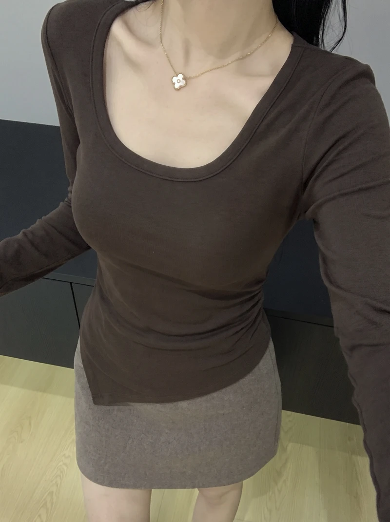 Korean Style Long Sleeve Fleece Women's T-shirt U-Neck Irregular Slimming Base Layer Top City Walk Autumn Winter Warmth