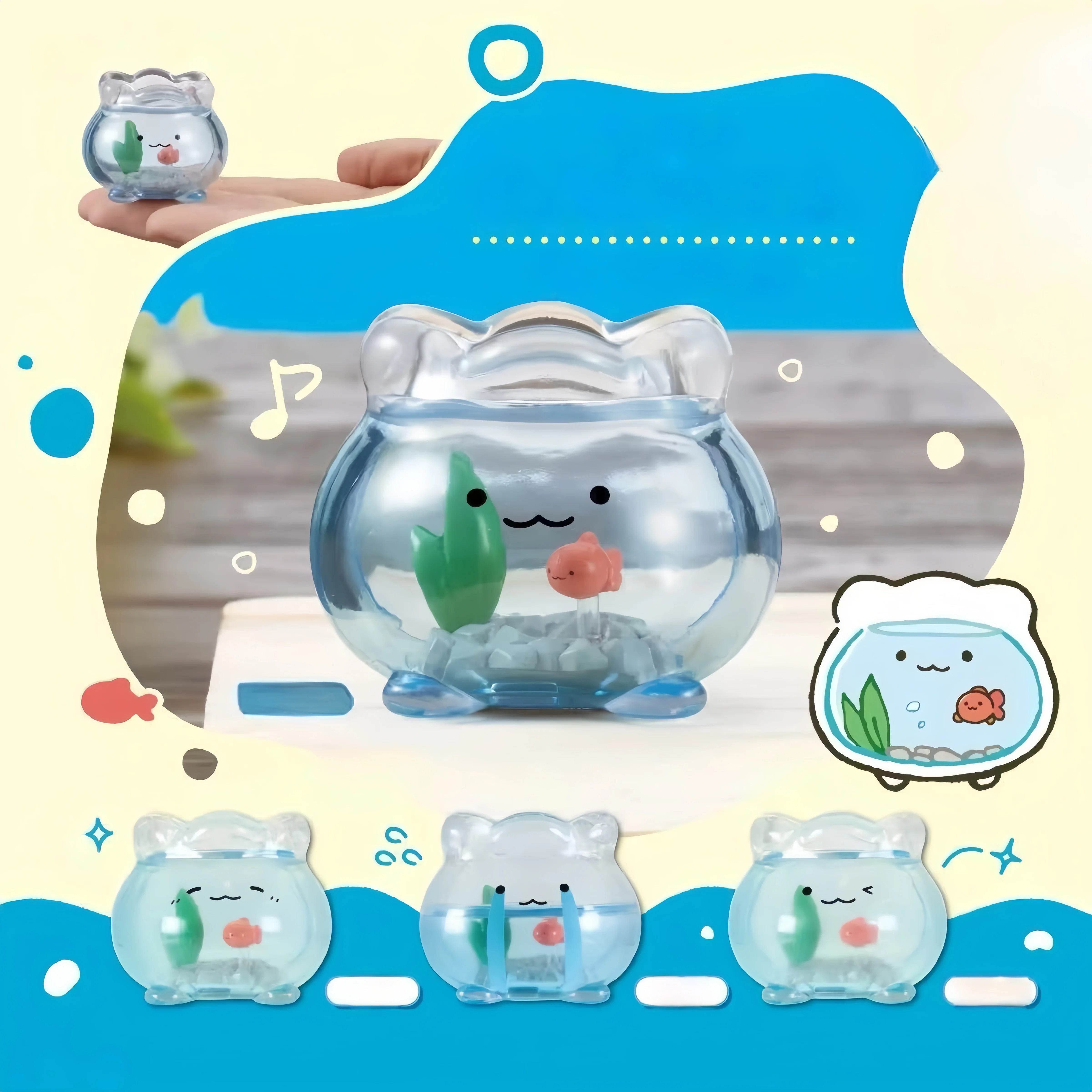 【1 pièce aléatoire】 Décoration de bureau, mini aquarium transparent pour poissons rouges, figurine kawaii Jun Expression, cadeaux surprise