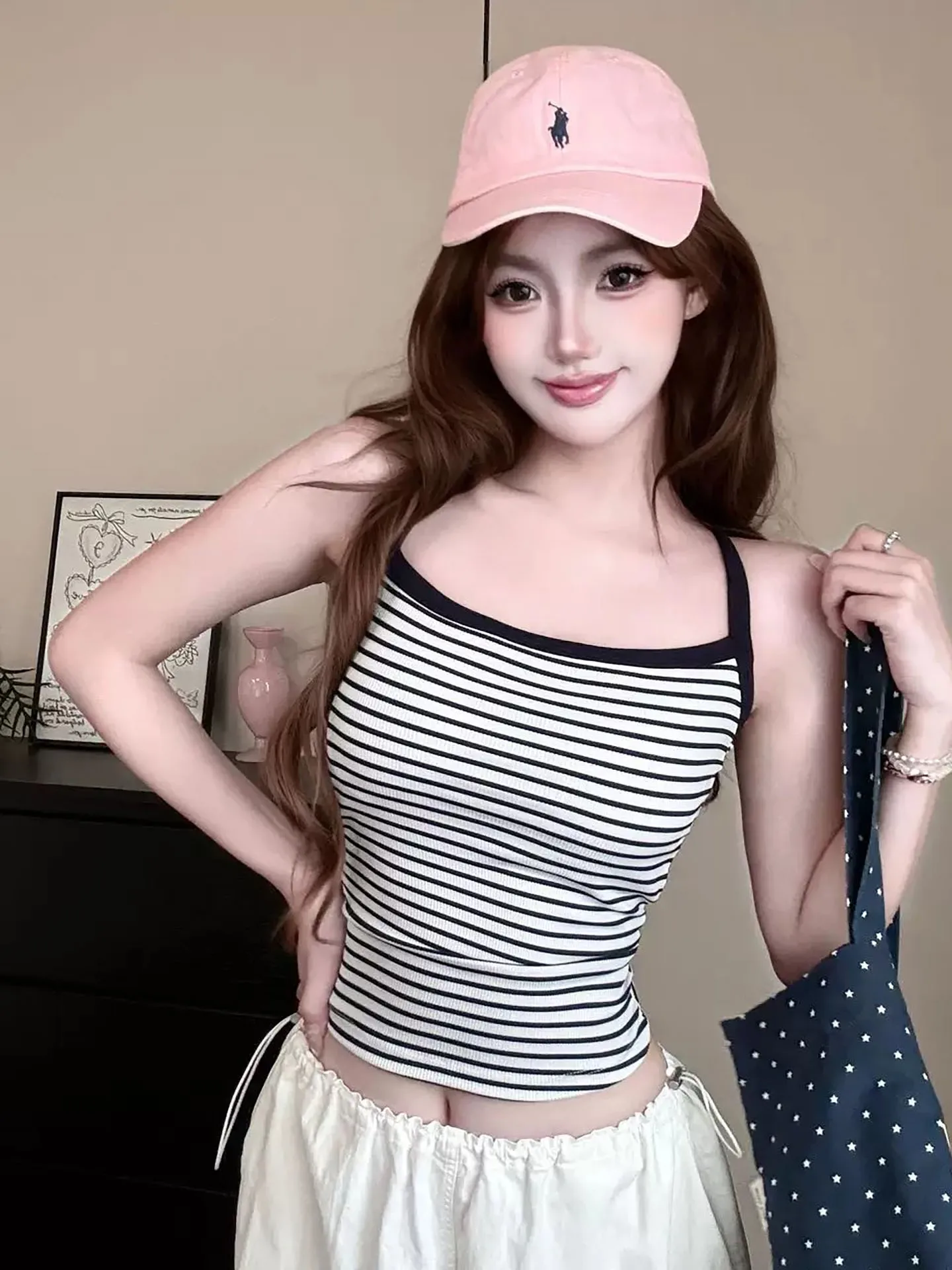 Korean Style Sexy Color Block Stripe Strap Vest Women Summer with Chest Pad Slimming Backless Spicy Girl Top Commute Style