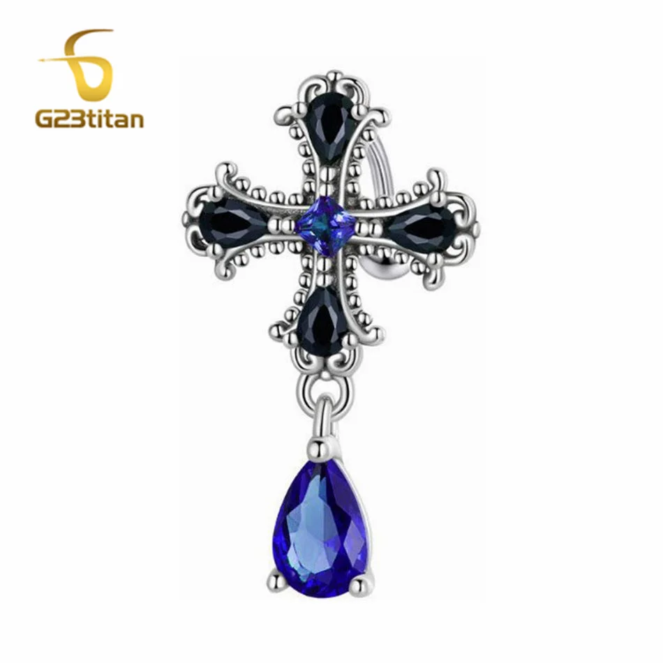 Moda a forma di croce ciondolo goccia d'acqua bilanciere inverso anelli ombelico 14G titanio blu zircone gioielli pancia cattolica cristiana