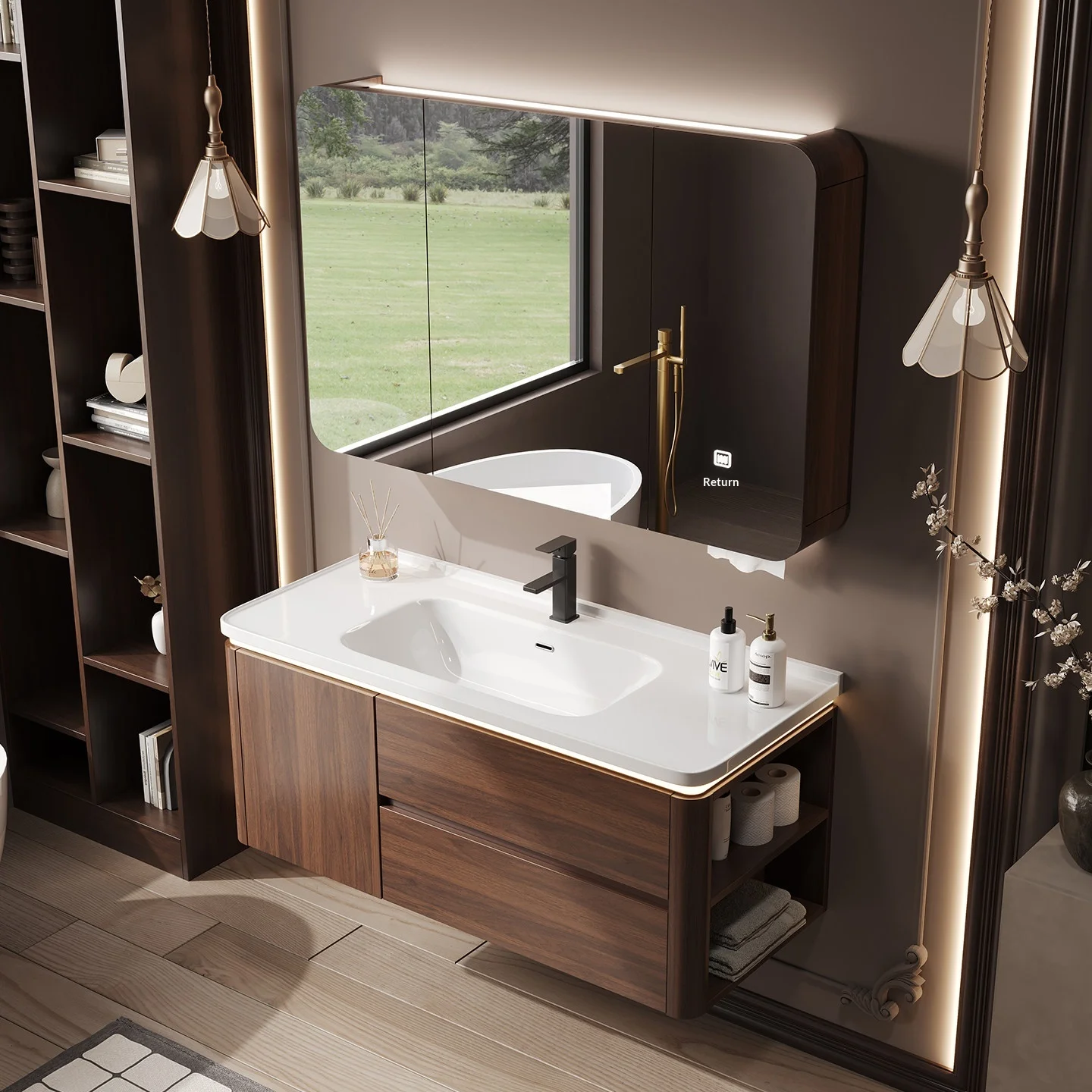 

Cream Style Walnut Modern LED Mirror Wall Mounted Bathroom Cabinet Ceramic Basin Waterproof Apartment