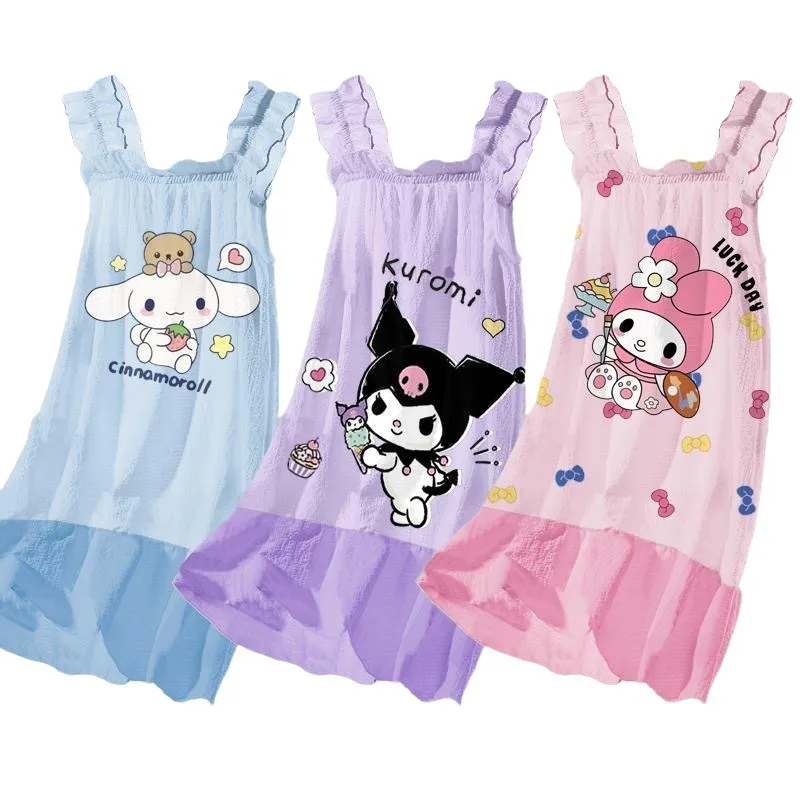 2024 New Children Pajamas Sanrioed Kawaii Anime Kuromi Cinnamoroll My Melody Summer Cute Cartoon Girls Nightdress Gift for Kids