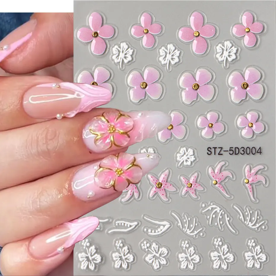 5D 핑크 꽃 꽃 네일 스티커 봄 여름 귀여운 꽃잎 네일 슬라이더 브론 징 열대 꽃 네일 참 포일 아트 장식