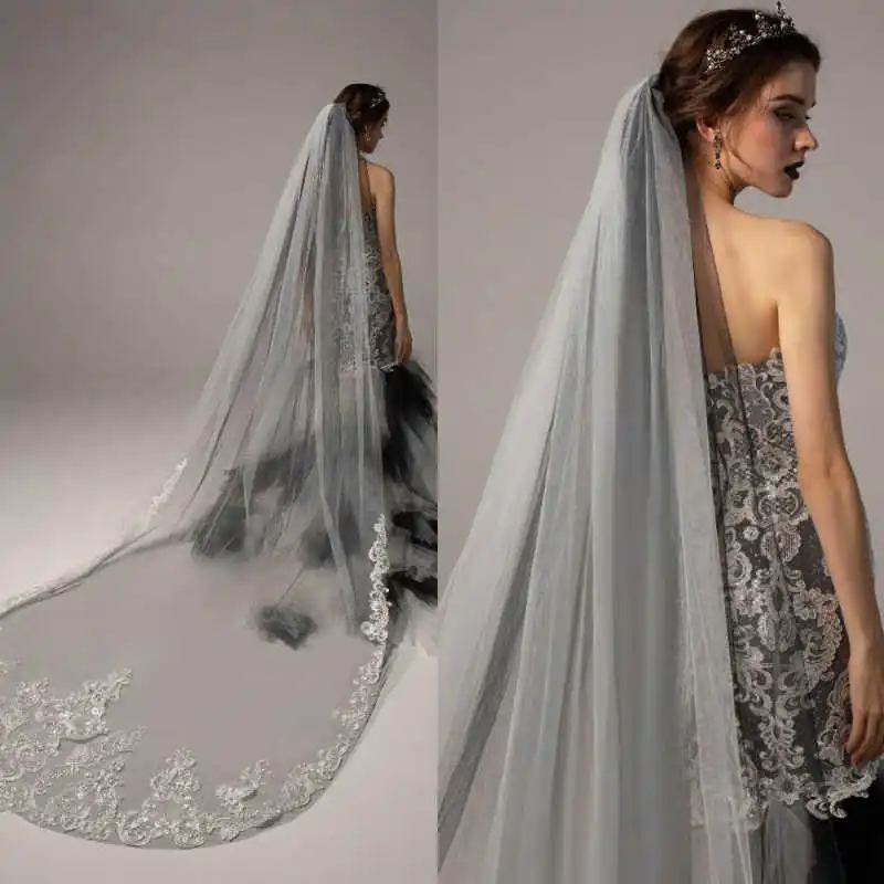 

Современная свадебная фата с расческой и аппликациями, кружевные свадебные аксессуары, однослойная фата для невесты в соборе, высокое качество