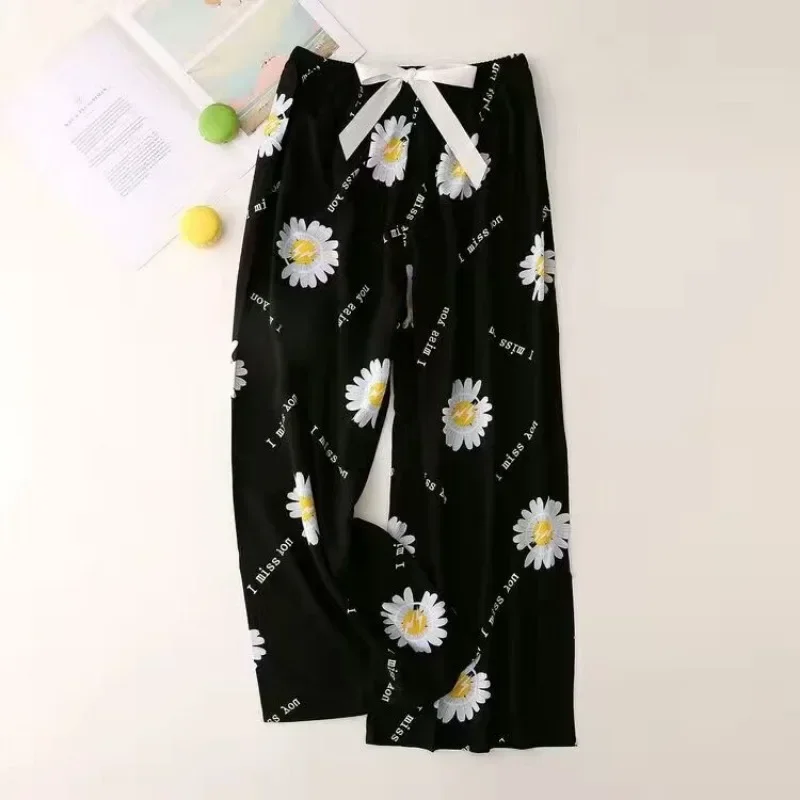 Summer Sleepwear Women Pants Pajama Printed Wide Leg Sleep Bottoms Cotton Pants Calf-Length Pants Elastic Waist Casual Clothes image 4